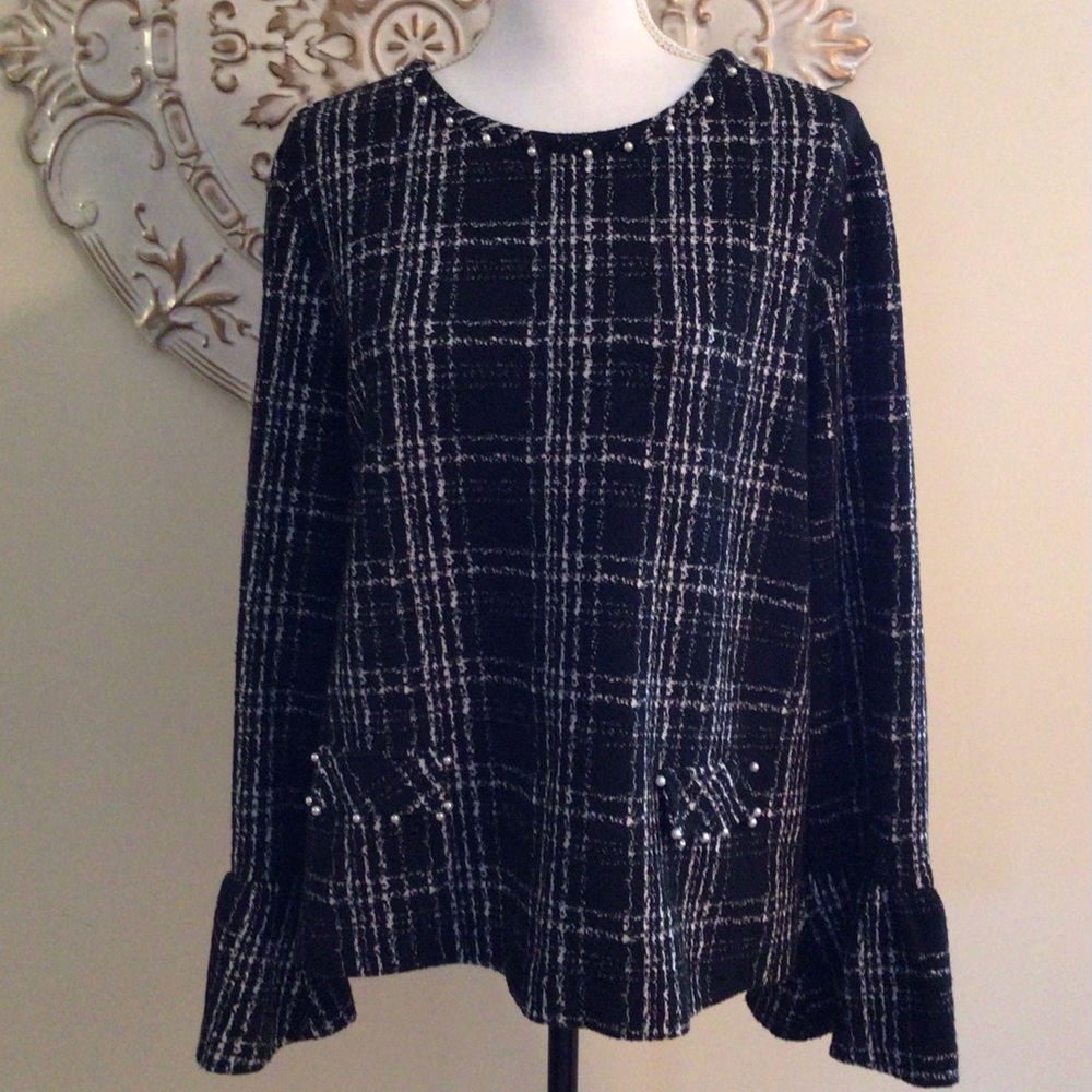 Karl Lagerfeld Paris Black & White Plaid Top Sz L